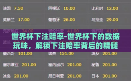 世界杯下注赔率-世界杯下的数据玩味，解锁下注赔率背后的精髓