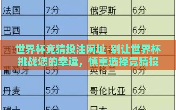 世界杯竞猜投注网址-别让世界杯挑战您的幸运,慎重选择竞猜投注平台 世界杯竞猜投注网址-别让世界杯挑战您的幸运,慎重选择竞猜投注平台