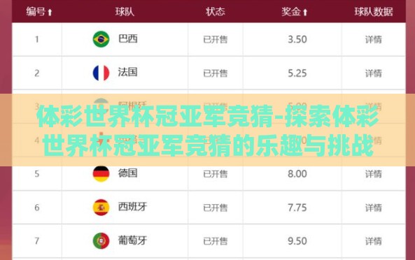 体彩世界杯冠亚军竞猜-探索体彩世界杯冠亚军竞猜的乐趣与挑战 体彩世界杯冠亚军竞猜-探索体彩世界杯冠亚军竞猜的乐趣与挑战